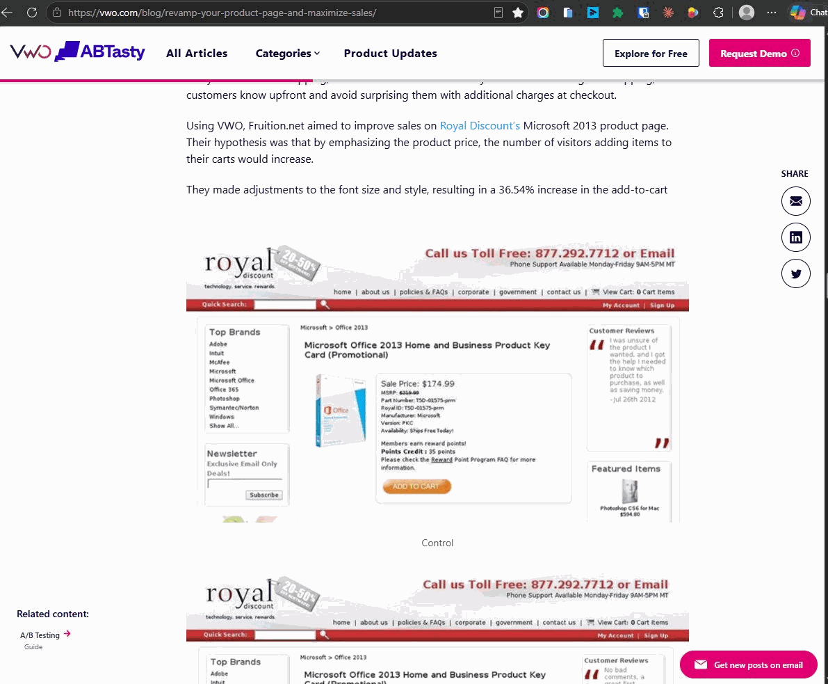 E-commerce product page add to cart improvement result